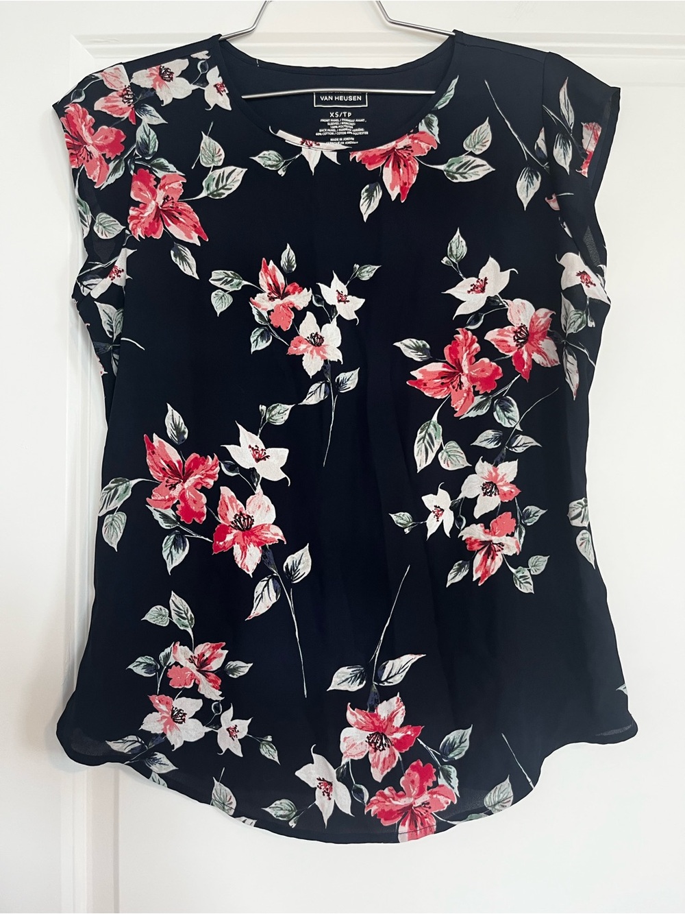 Van Heusen Black Floral Cap-Sleeve Blouse with Pink & White Flowers